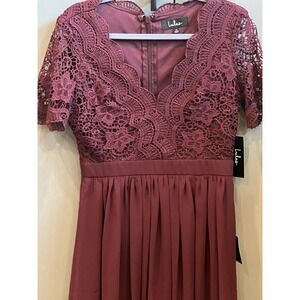 LULU'S Angel in Disguise Burgundy Lace Chiffon Skater Dress Women's Size Medium